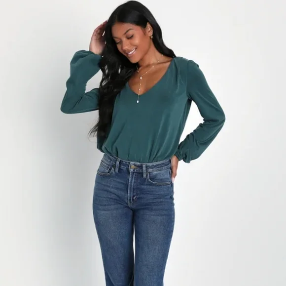 Lulus Chic on Repeat Emerald Green V-Neck Long‎ Sleeve Bodysuit Size Medium - Picture 2 of 8